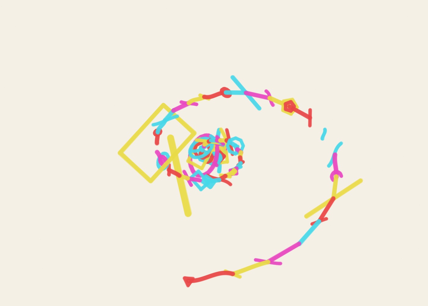 Abstract algorithmic marker artwork from ALGO/ART’s Golden Trajectories series. The composition follows a classic trajectory through the centre, with marker forms distributed along the path rather than on a regular grid.