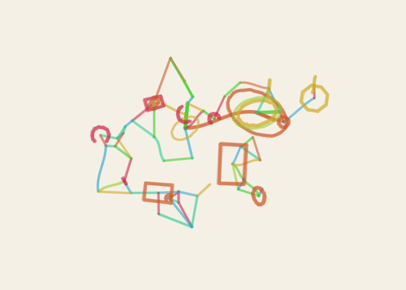 Abstract algorithmic marker artwork from ALGO/ART’s Connected Fields series. A connected field of 48 nodes and 69 links forms a graph-like marker composition, anchored by 2 dominant nodes.