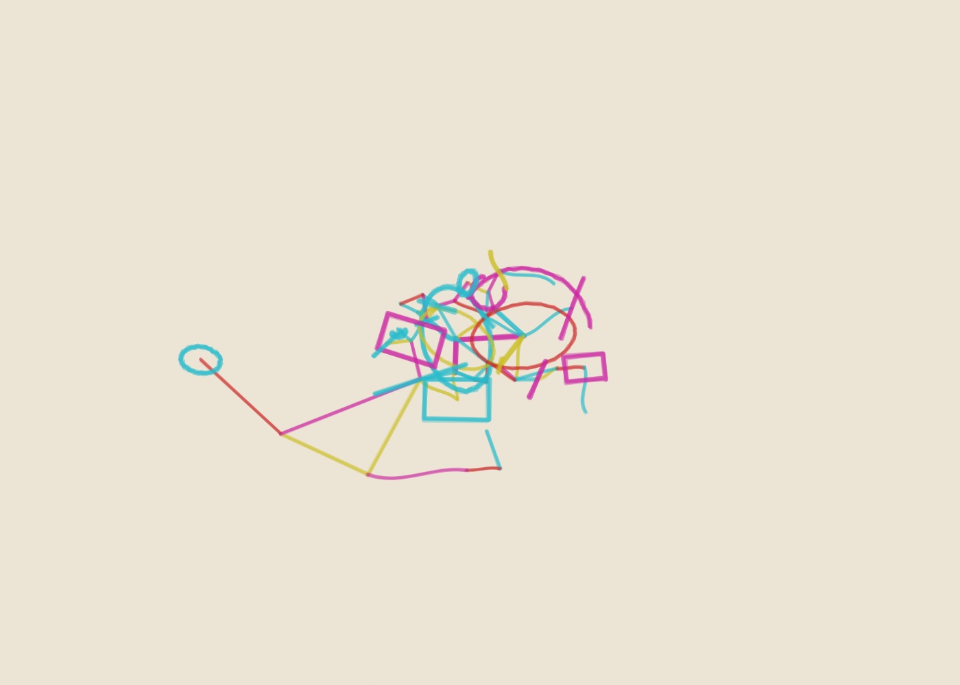 Abstract algorithmic marker artwork from ALGO/ART’s Connected Fields series. A connected field of 36 nodes and 54 links forms a graph-like marker composition, anchored by 2 dominant nodes.