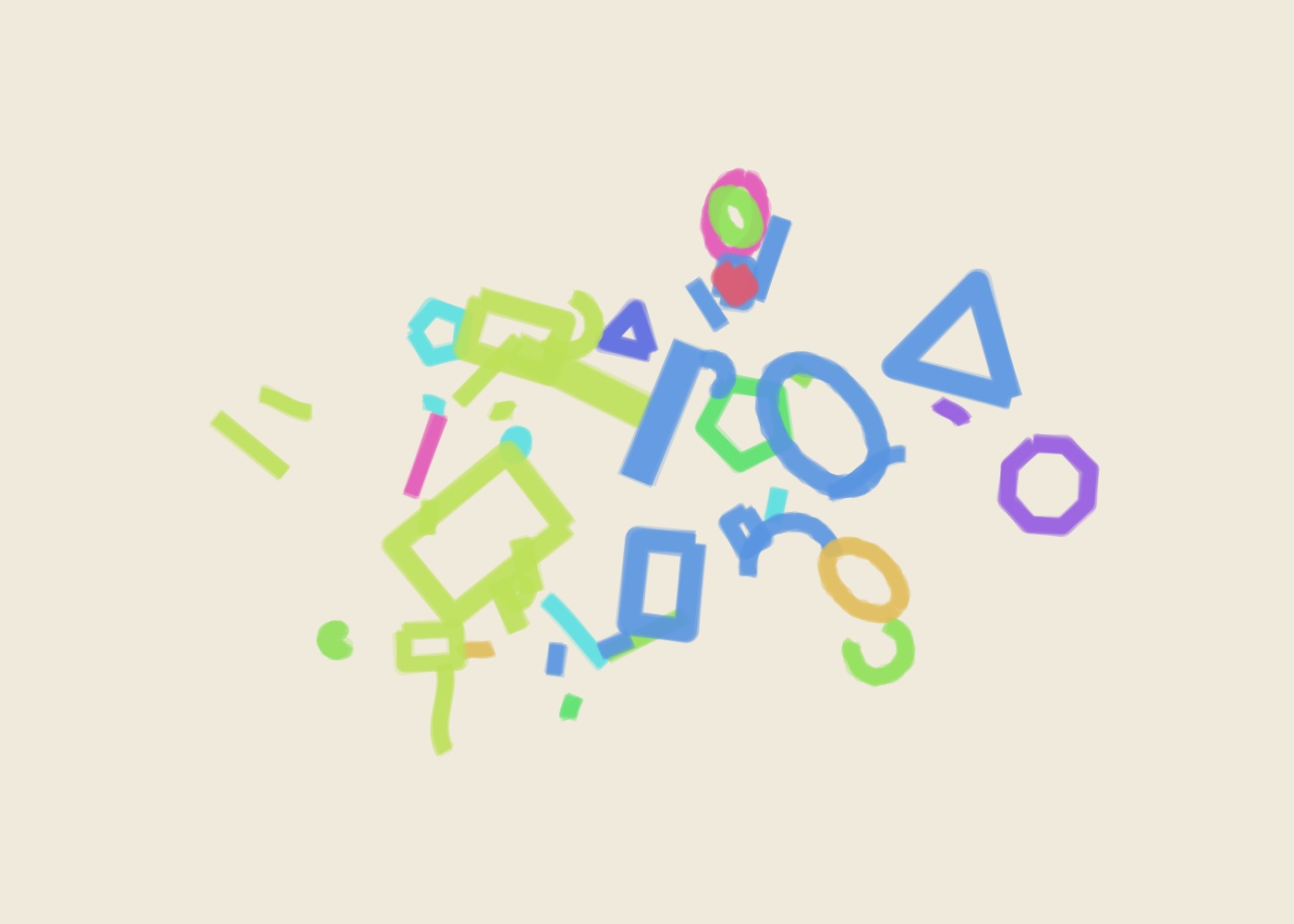 Abstract algorithmic marker artwork from ALGO/ART’s Orbital Studies series. A field of 45 geometric marker forms is organised around 2 dominant forms, with smaller marks building rhythm around the centre.