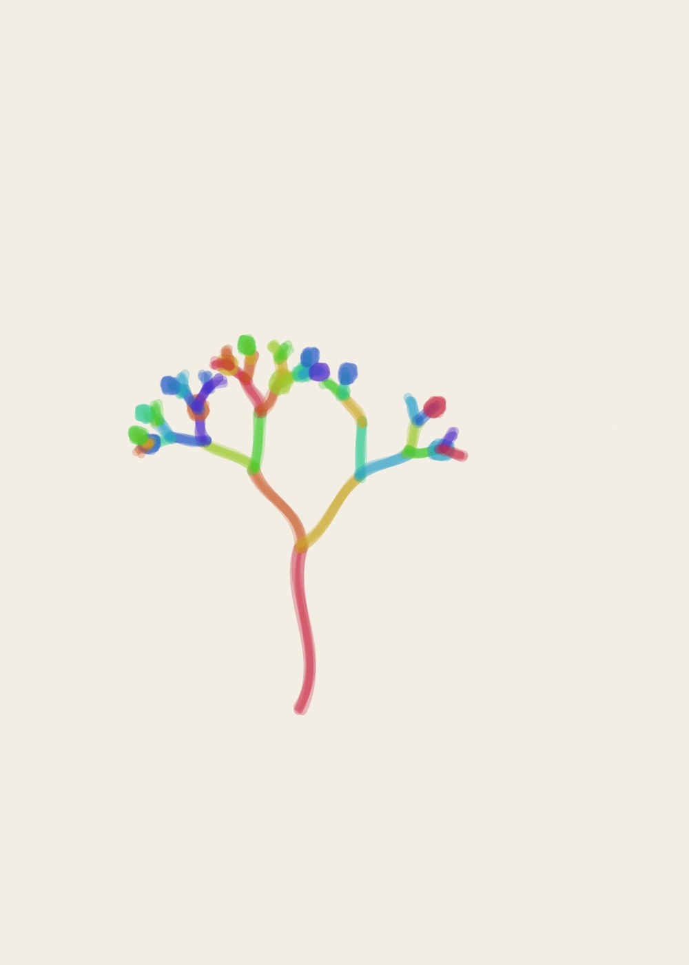 Abstract algorithmic marker artwork from ALGO/ART’s Growth Systems series. A branching marker structure grows from 1 root near the lower centre, splitting into 43 visible branch segments.