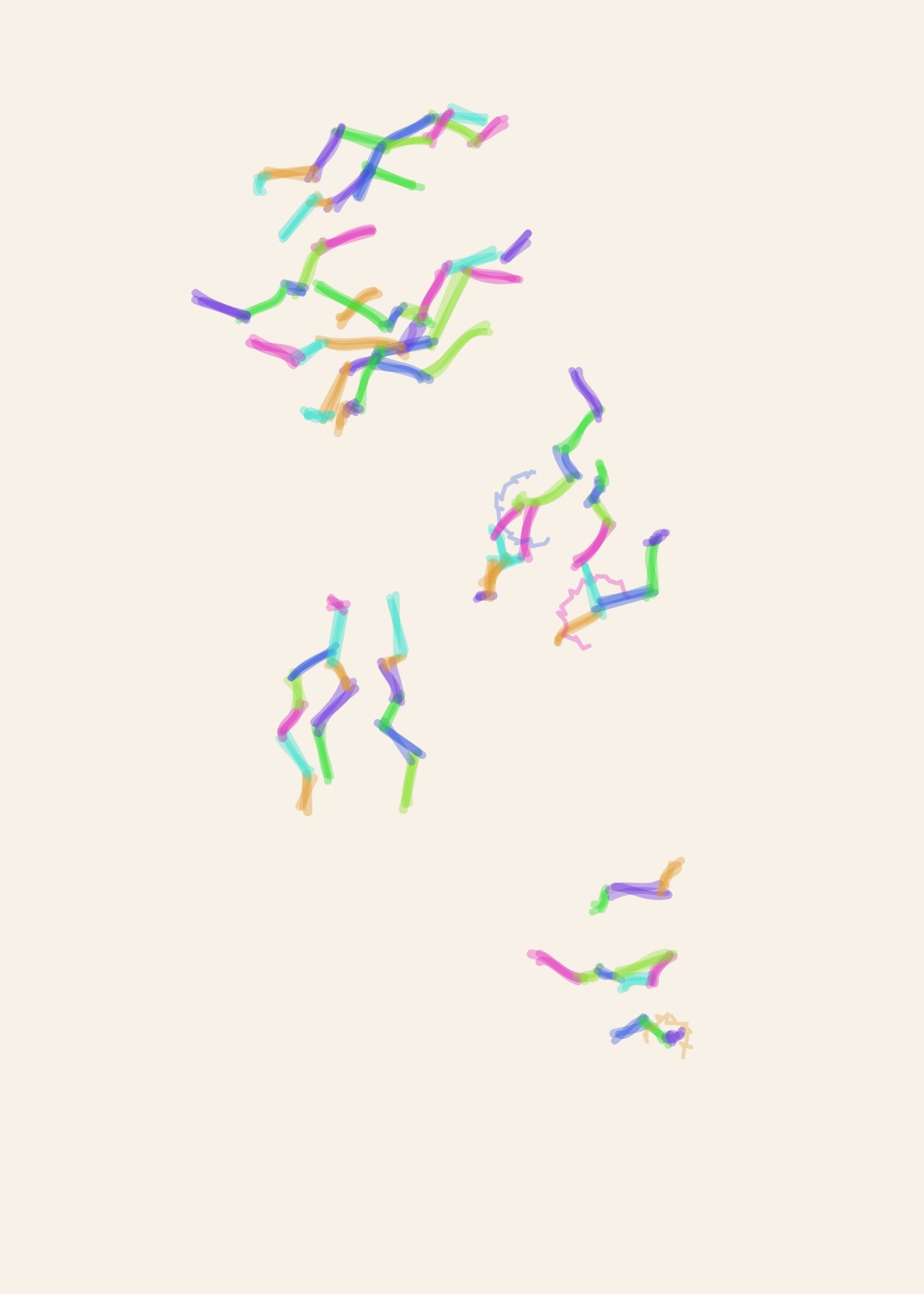 Abstract algorithmic marker artwork from ALGO/ART’s Automatic Marks series. Loose marker strokes gather into 4 main activity territories, creating a gestural composition centred around the centre.