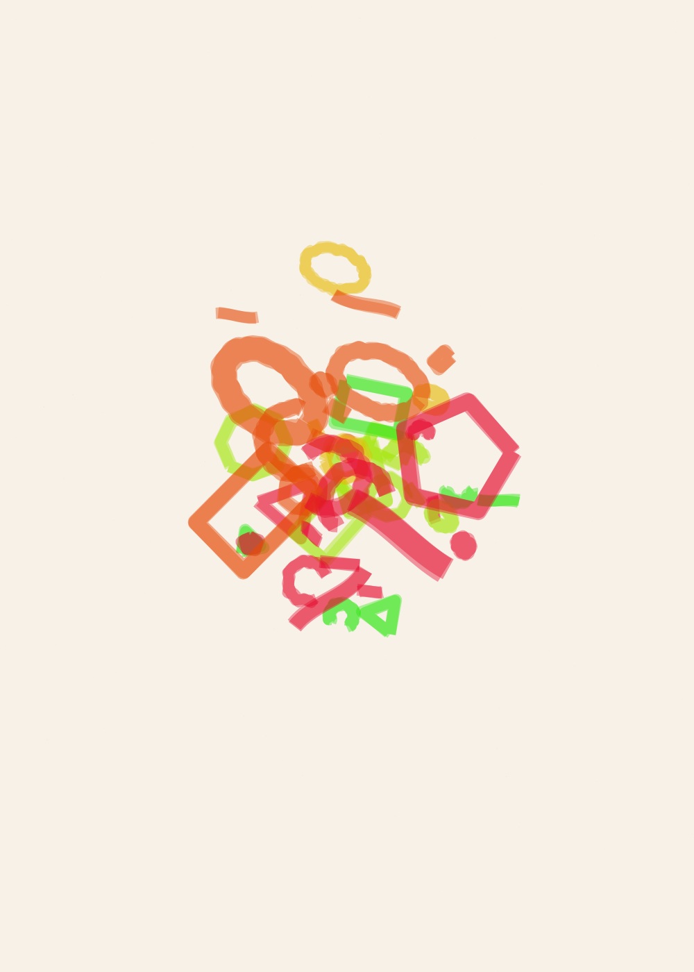 Abstract algorithmic marker artwork from ALGO/ART’s Orbital Studies series. A field of 44 geometric marker forms is organised around 2 dominant forms, with smaller marks building rhythm around the centre.
