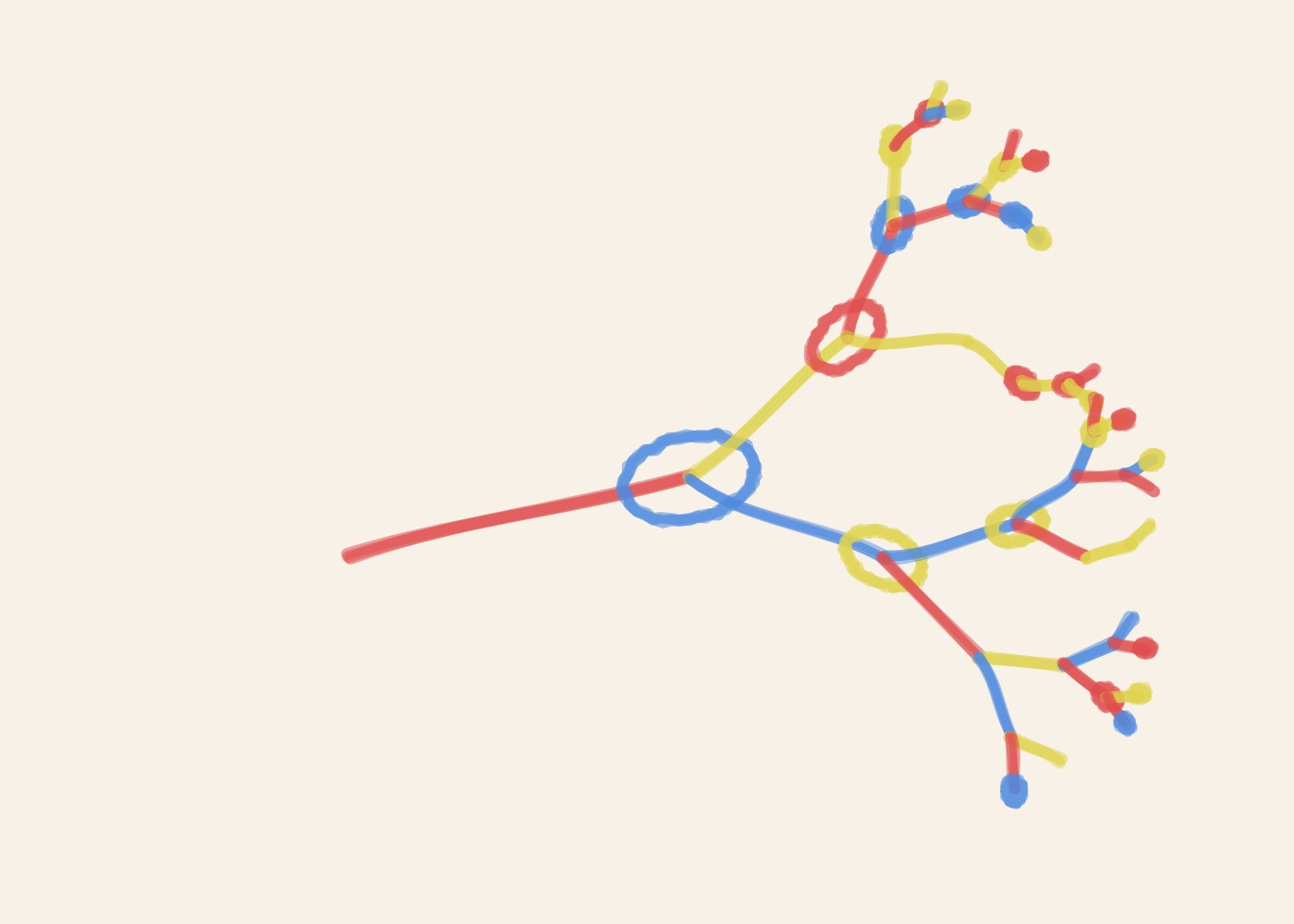 Abstract algorithmic marker artwork from ALGO/ART’s Growth Systems series. A branching marker structure grows from 1 root near the centre left, splitting into 41 visible branch segments.