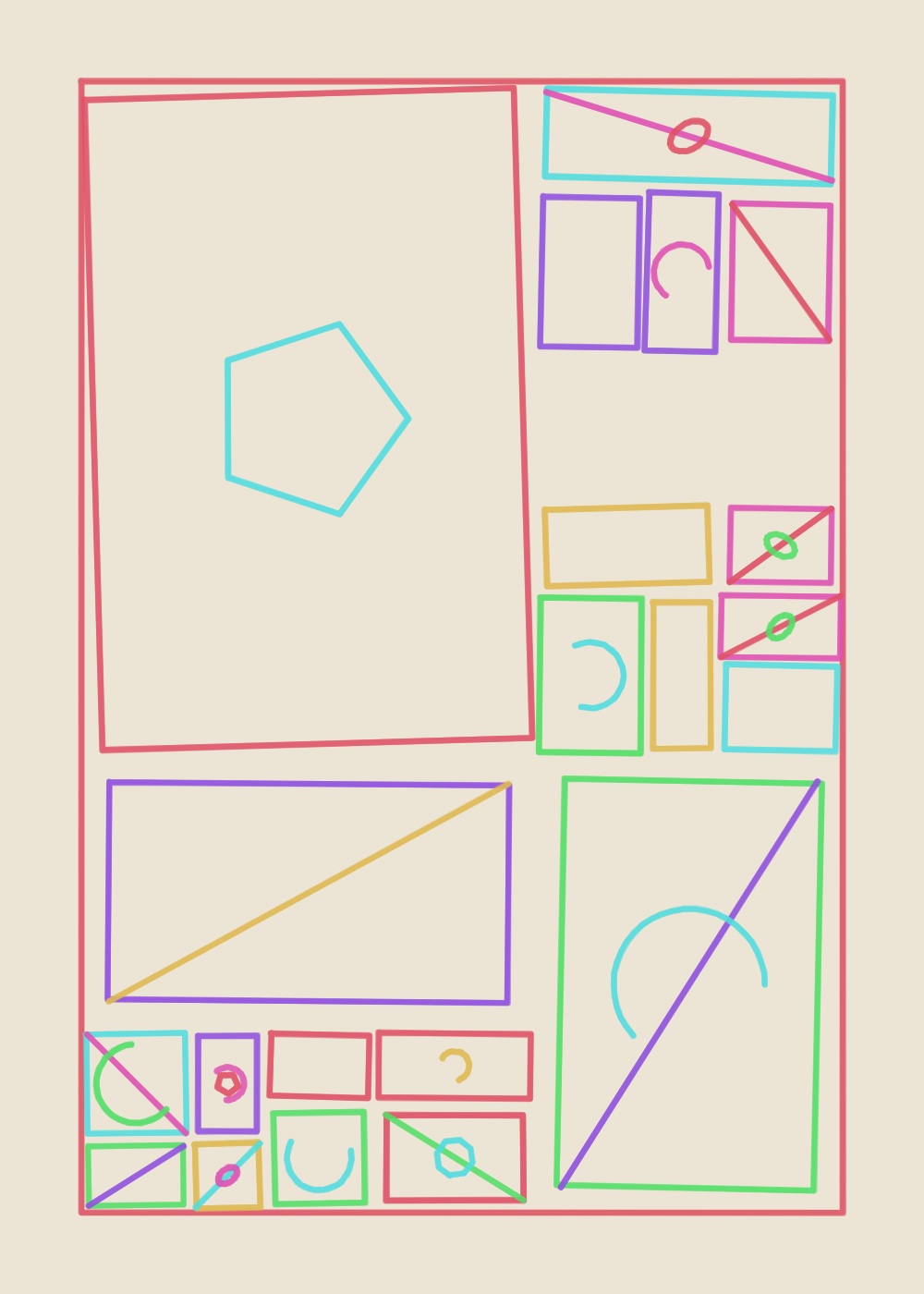 Abstract algorithmic marker artwork from ALGO/ART’s Recursive Divisions series. The artwork is divided into 22 rectangular territories, with nested lines and shapes forming an architectural composition across the canvas.