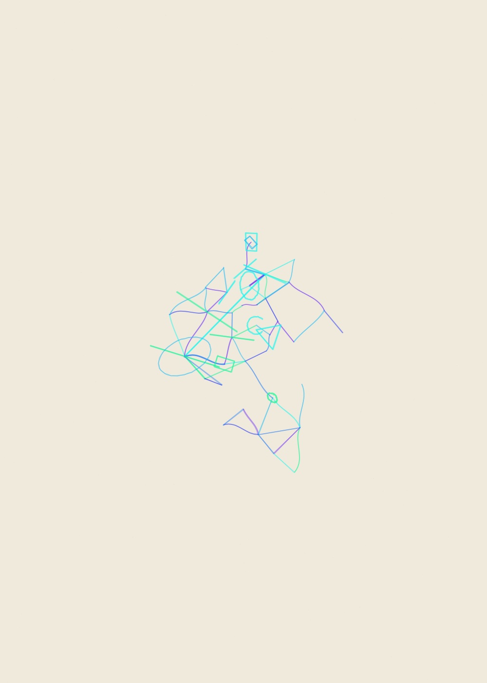 Abstract algorithmic marker artwork from ALGO/ART’s Connected Fields series. A connected field of 37 nodes and 56 links forms a graph-like marker composition, anchored by 2 dominant nodes.