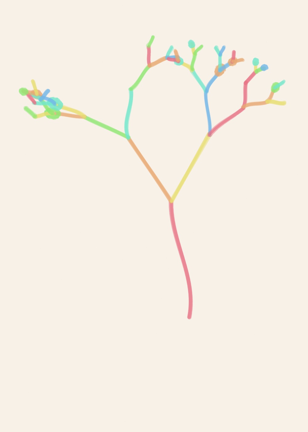 Abstract algorithmic marker artwork from ALGO/ART’s Growth Systems series. A branching marker structure grows from 1 root near the lower centre, splitting into 47 visible branch segments.